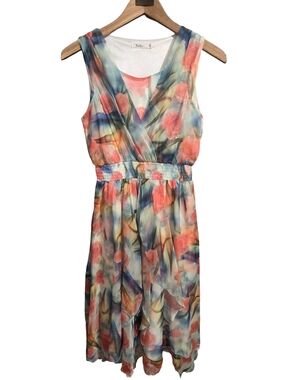 Katie Sleeveless Floral Chiffon Midi Dress with Smocked Waist - Coral Multi